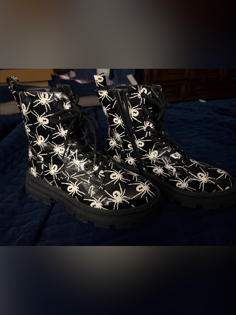 Betsey Johnson Black Lace-Up Combat Boots with White Spider Print